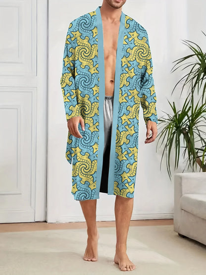 Men Robe 2025 Autumn Men Home Nightgown 3D Printed with Seahorse Pattern Long Sleepwear Thin Skin Friendly Quick Drying Bathrobe