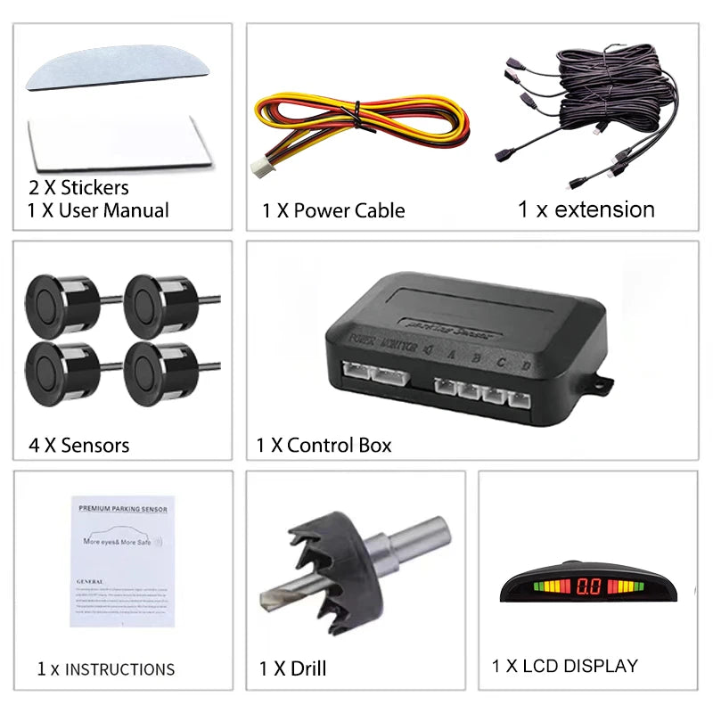 Front Mounted Car Parking Sensor Danger Alarm Kit LED Display 4 Sensors 22mm Backlit Obstacle Radar Monitoring System 12 Colors