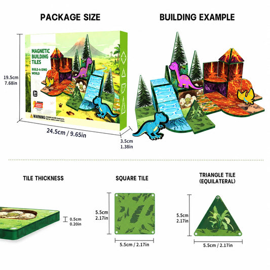 Dinosaur Magnetic Building Blocks, 44PCS, Creative 3D Tiles Set, STEM Educational Toys, Kids Birthday Gift.