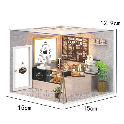 DIY Wooden DollHouse Leisurely Coffee Shop Dollhouses Scene Model Miniature Doll House Wooden Assembly Model Toys For Xmas Gifts