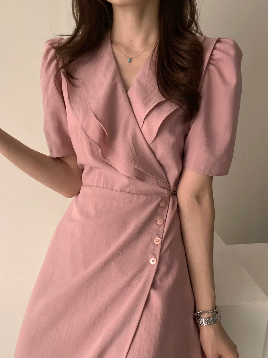 Retro Double Layered Collar Bubble Sleeve  Dress Elegant Short Sleeve V Neck Summer Casual Women's Dress