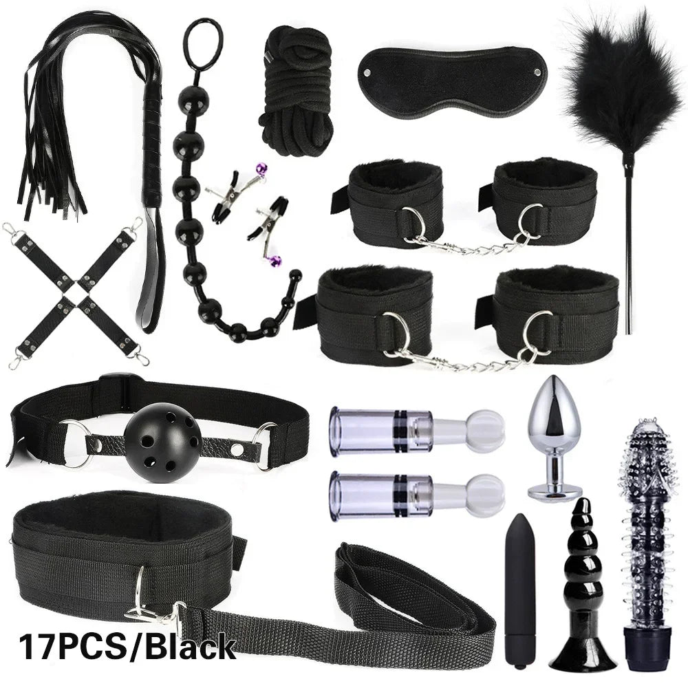 Sex Products Erotic Toys for Adults BDSM Sex Bondage Set Handcuffs Nipple Clamps Gag Whip Rope Sex Toys For Couples