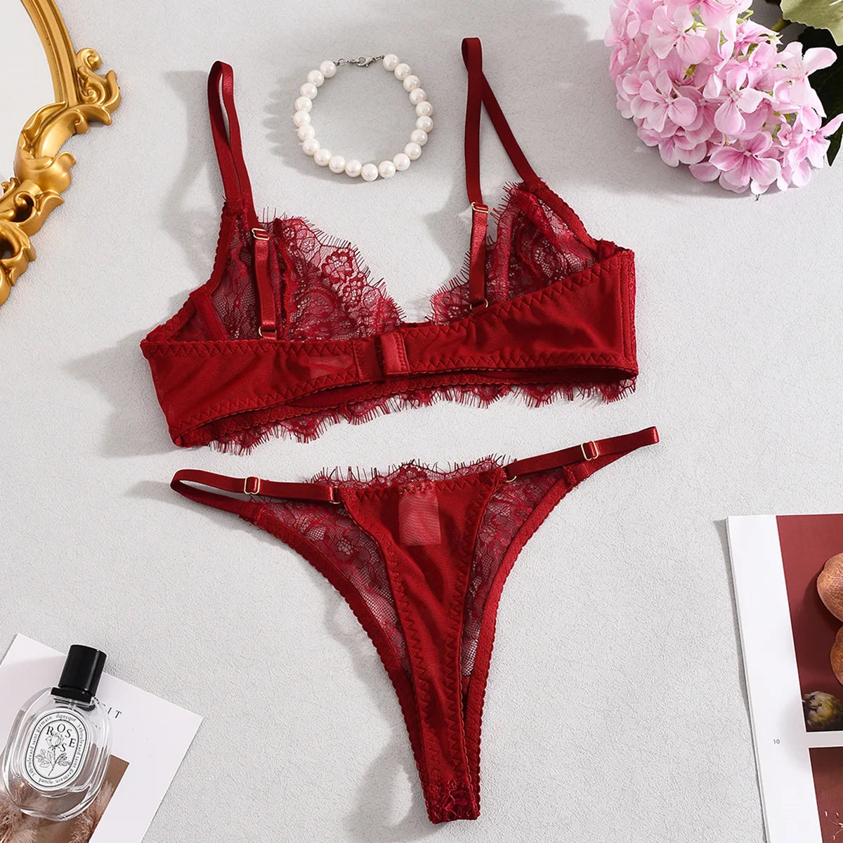 Ellolace Solid Lingeries Sexy Hot Elegant Bra Belt Thong 3PC with Leg Circles Cute Intimate Seductive Lace Tempted Underwear