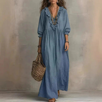2026 New European and American Independent Website Striped Ruffled Loose High-Waisted V-Neck Fashion Casual Dress