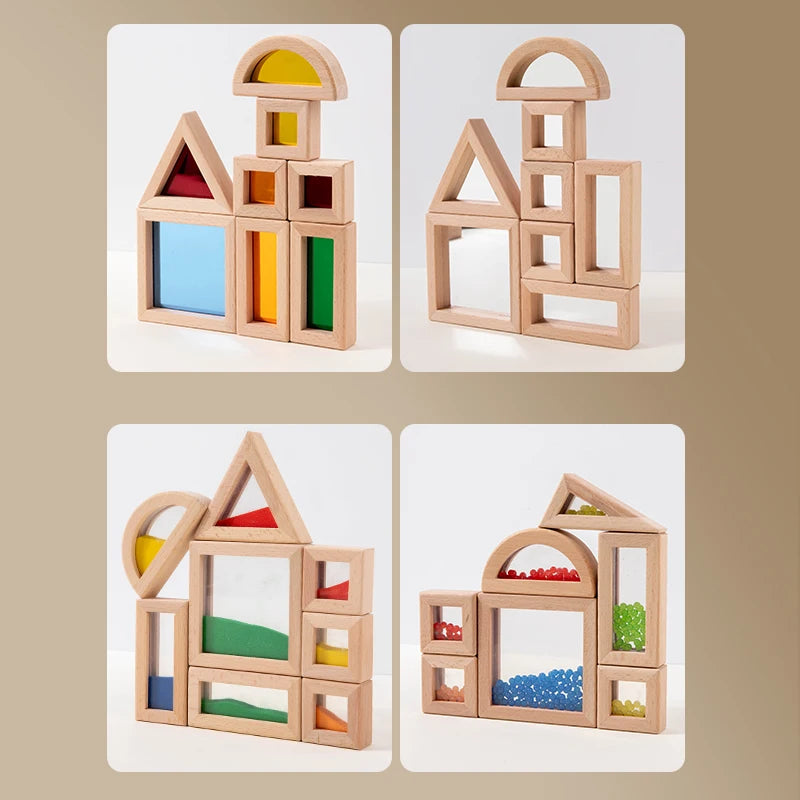 Sensory Wooden Block Set Acrylic Rainbow Building Toy Suitable For Children's STEM Learning Gift Rainbow Stacking Block Game