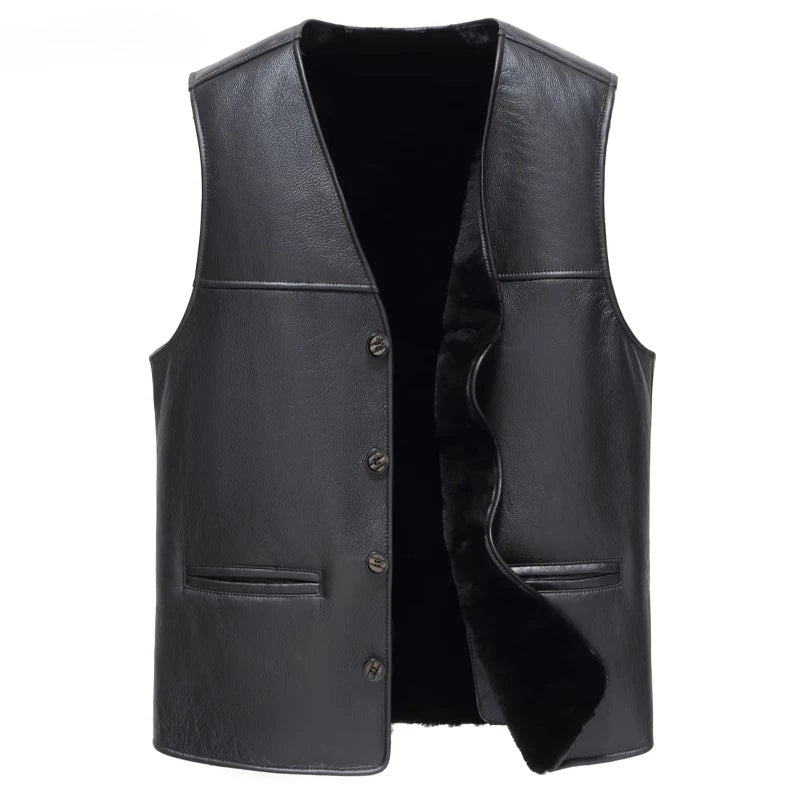 YOLANFAIRY Natural Sheepskin Leather Jacket Man Winter 2025 Sleeveless Real Wool Fur Coat Men's Short Black Vest Warm Waistcoat