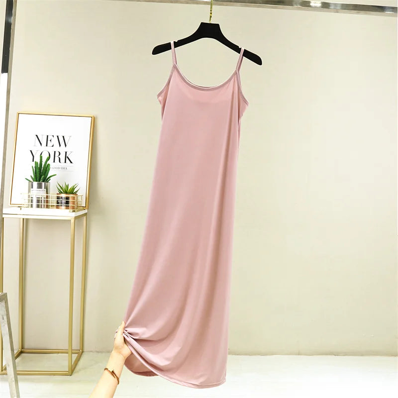 Summer Thin Ice Silk A-Line Dress Women's Casual Long Gown Inner Wear Vest Dress plus Size Korean Style Loose Waist Design