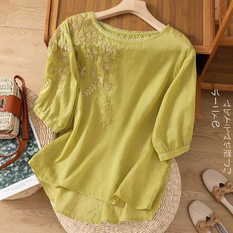 Fashion Thin Cotton Linen Y2k Tops Tee Women Clothing Summer Loose T Shirts Woman Embroidered T-shirt Blusa Casual Ladies tshirt