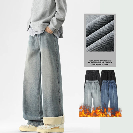 Hot Sale Men Snow Warm Plush Fleece Jeans Male Classic Loose Straight Leg Denim Pants Fashion Versatile Thickened Warm Trousers