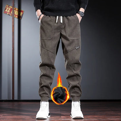 Men's Fleece Lined Thickened Autumn Winter Workwear Pants Loose Fit Low Waist Long Trousers Casual Youth Style Baggy Size