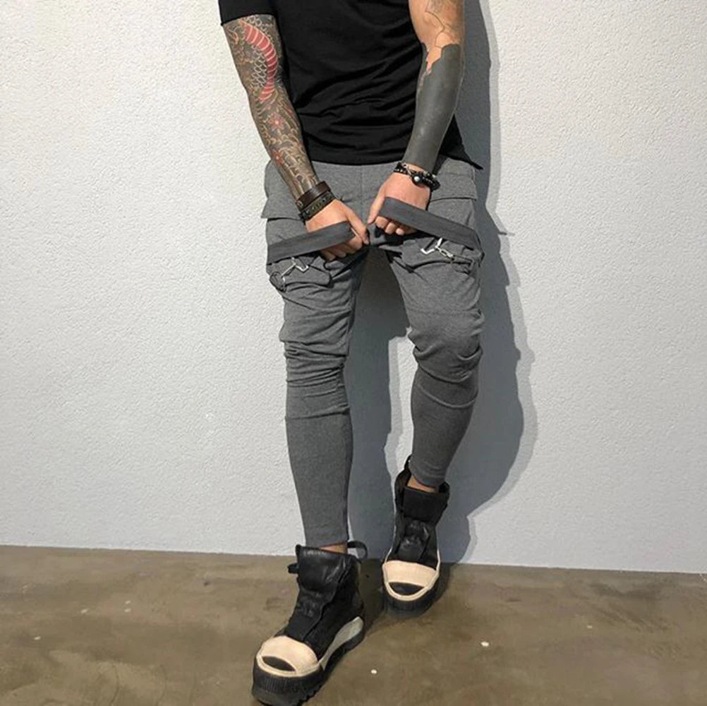 Mens Running Stretch Tights Sweatpants Sports Breathable Fitness Hip Hop Cotton Multi Pocket Cargo Pants Slim Leggings Chain