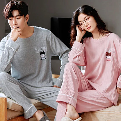 2023 New Cartoon Cute Pajamas Set for Couples Cotton Long Sleeves Sleep Top & Long Pant Spring Nightwear for Men and Women Pjs