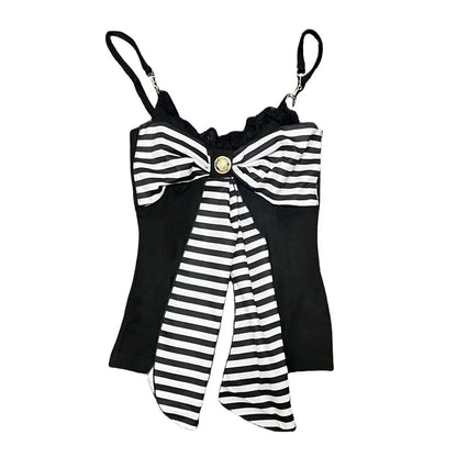 Goth Punk Y2K Clothes 2000s Stripes Lace-up Large Bows Slim Tank Tops Design Tops Streetwear Sexy Camis T-shirts Cute Halter Top