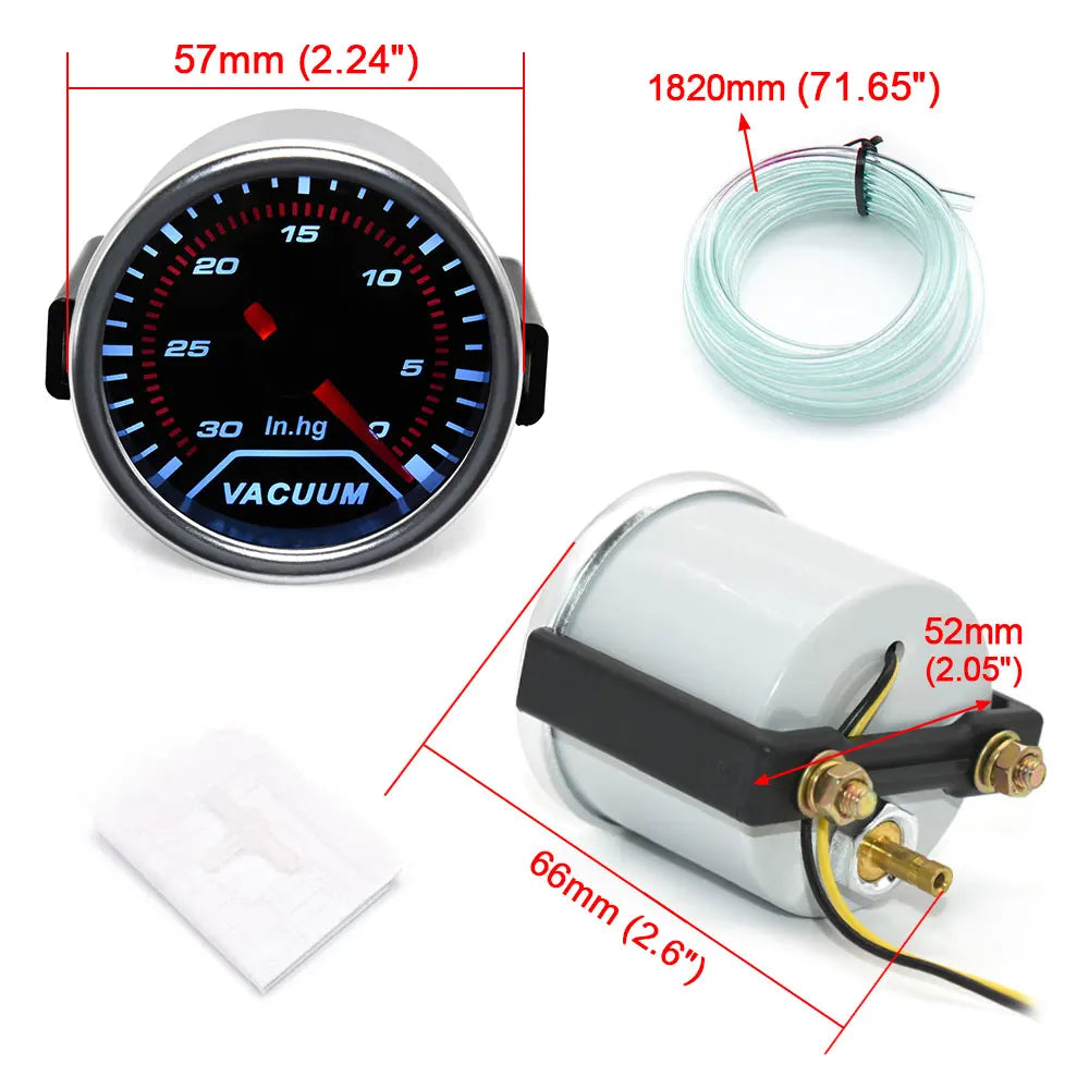 2" 52mm Universal 12V LED Smoke Len -1~0~2 BAR Turbo Boost Gauge Meter / Turbo Boost Meter with White LED Backlight For 12V Car