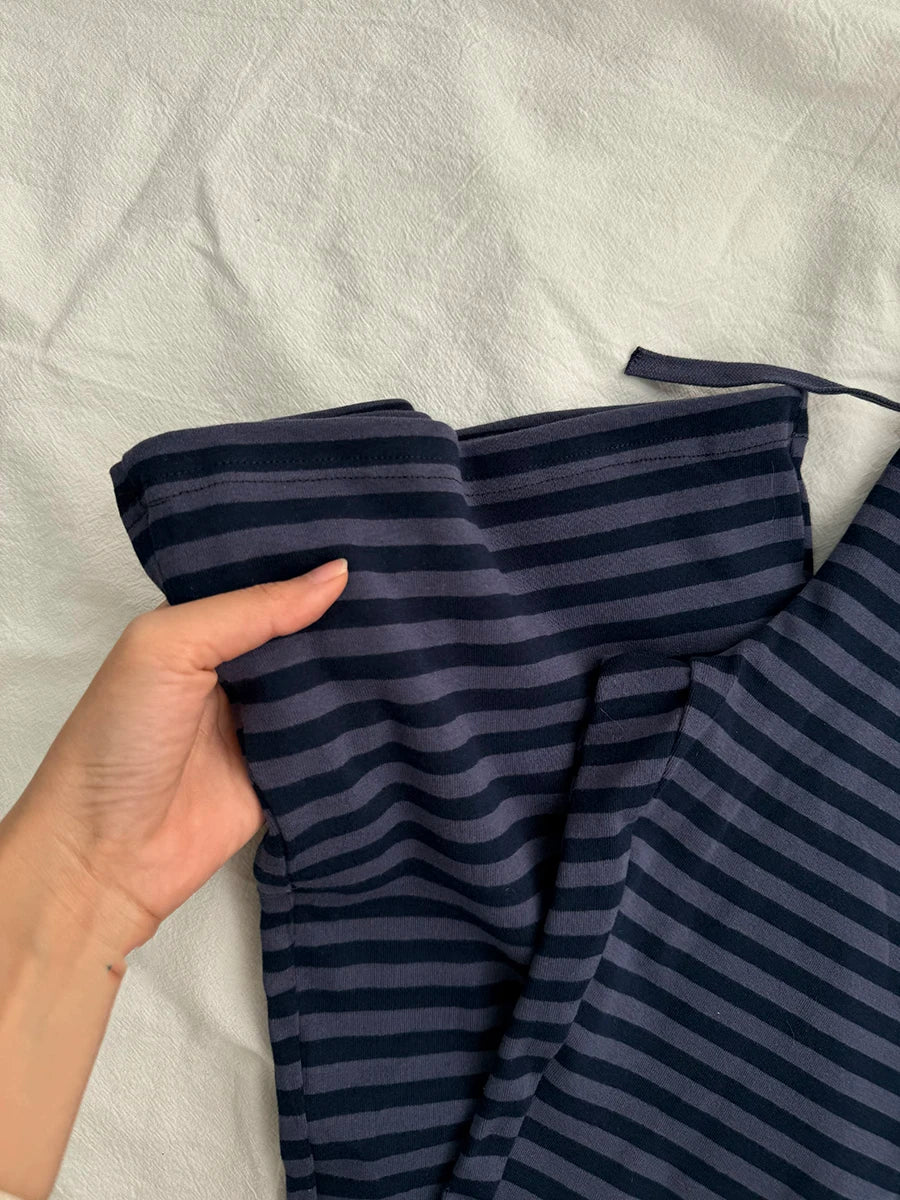 Navy Striped 2 Piece Sets Women Vintage Buttons Cotton Long Sleeve Tee Straight Trousers Home Sweet T-shirt Pant Pajama Set Y2K