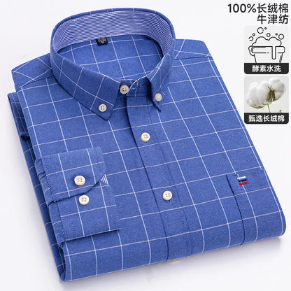 100% cotton men's long-sleeved shirt, casual plaid cotton shirt for young and middle-aged people, large size, authentic shirt