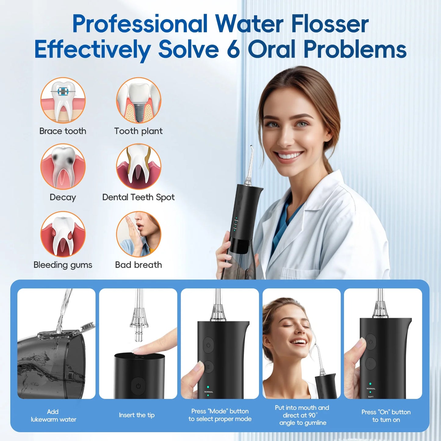 Mornwell F29 Water Flosser 3 Mode Water Jet With 3 Nozzles for Teeth Rechargeable Portable 180ML Water Tank Teeth Cleaner