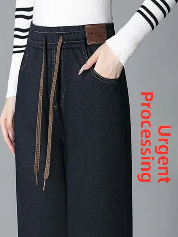 High Waist Fleece Lined Thick Wide Leg Jeans Women's Casual Straight Leg Pants Autumn Winter Loose Fit Comfortable Trousers