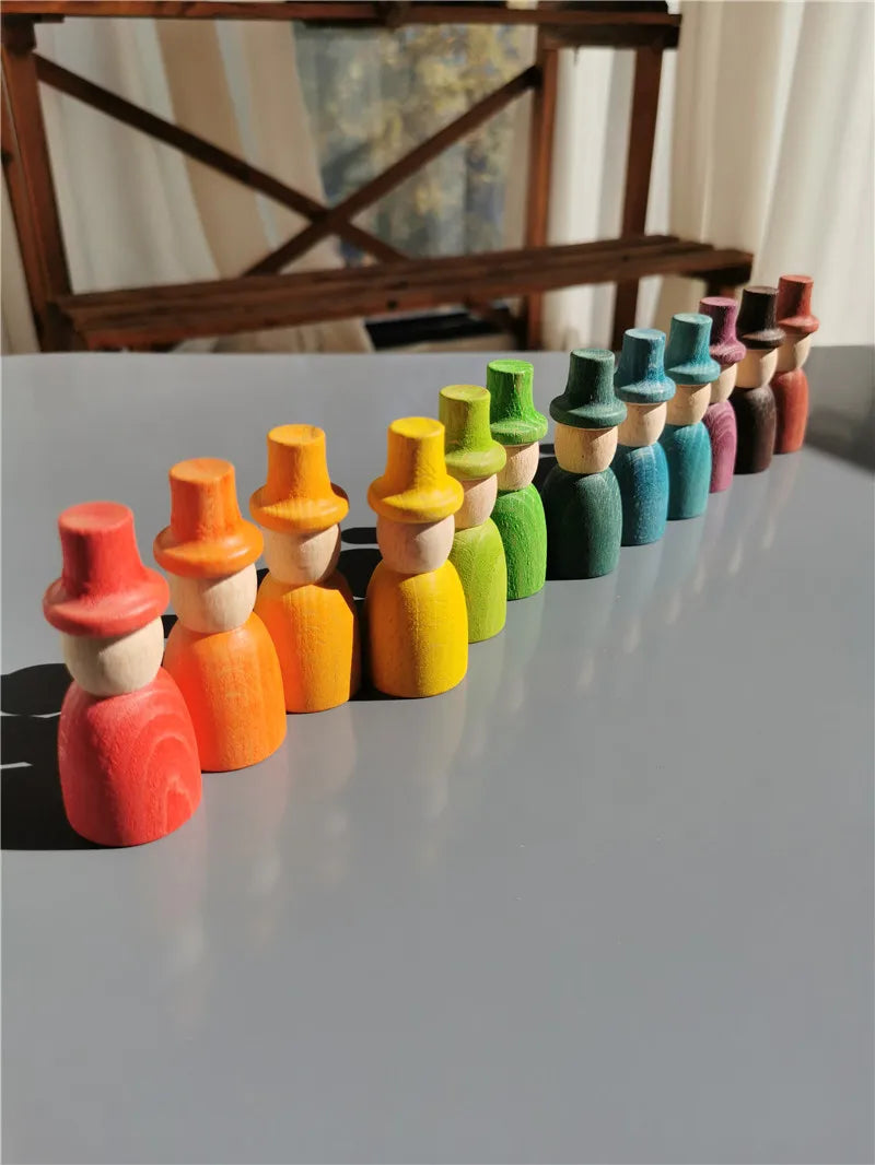 Rainbow Wood Peg Dolls Pastel Color  Wizard Figures Montessori Toy For Kids Block Play