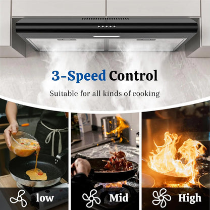 Black Under Cabinet Range Hood 30 Inch, Ducted/Ductless Convertible Vent Hood with 250 CFM, 3-Speed Fan, Energy-Efficient LED