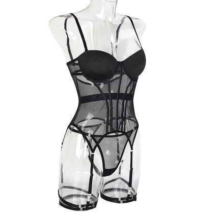 Mesh  Lingerie Luxury Brand Bodysuit Backless Tops for Women 3 Piece Lingerie Set with Garter Sexydresses for Women