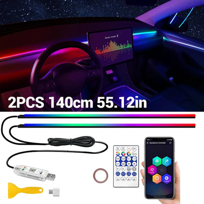 Acrylic RGB Car Led Interior Light Strip with USB Ambient Light Flexible Atmosphere Lighting Sound APP Control Car Decoration