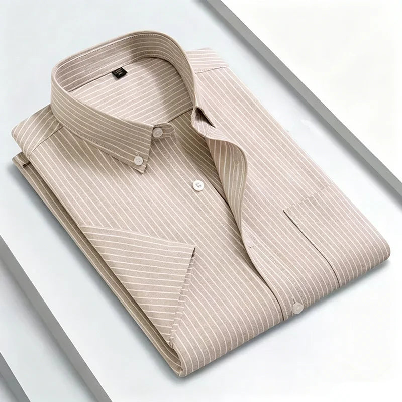 New 100% Cotton Men's Oxford Shirts Short Sleeve Summer Stripe Casual Formal Dress Social Regular Fit White Fashion Clothes 5XL