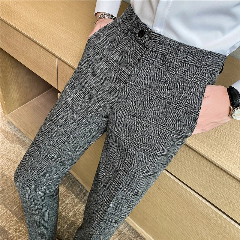 【 High Quality 】 Light Mature Style Spring and Autumn Checked Fashion Long Pants for Men, Trendy Business Casual Little Dress Pa