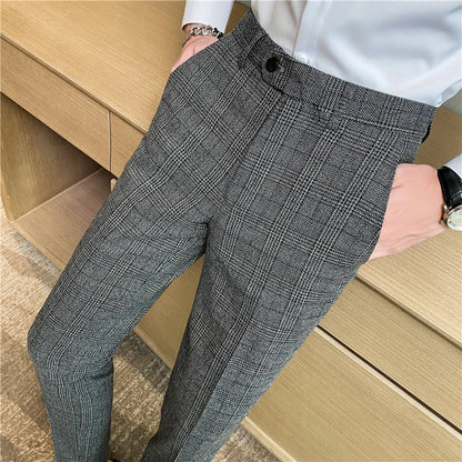 【 High Quality 】 Light Mature Style Spring and Autumn Checked Fashion Long Pants for Men, Trendy Business Casual Little Dress Pa