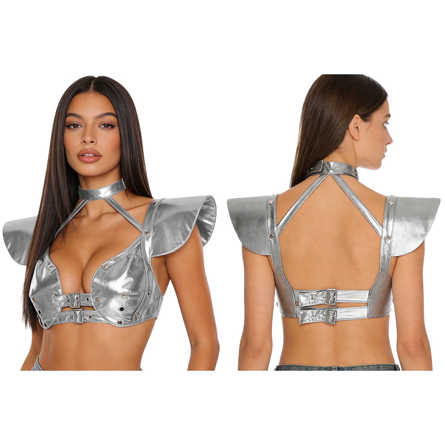 Womens Gothic Shiny Metallic Cut Out Crop Top Holographic Halter Neck Plunging Adjustable Buckles Corset Bustier Shoulder Armor