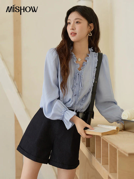 MISHOW 100% Lyocell Women's Blue Shirt 2025 Autumn French Ruffles Long Sleeves Ties Blouse Office Lady Elegant Top MXE45X2484