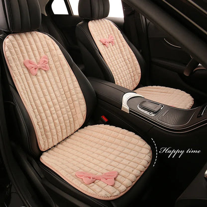 Bowknot Women's Car Seat Cover Winter Plush Warm Girl Cute Car Cushion Pink Bow Headrest Waist Car Interior Accessories