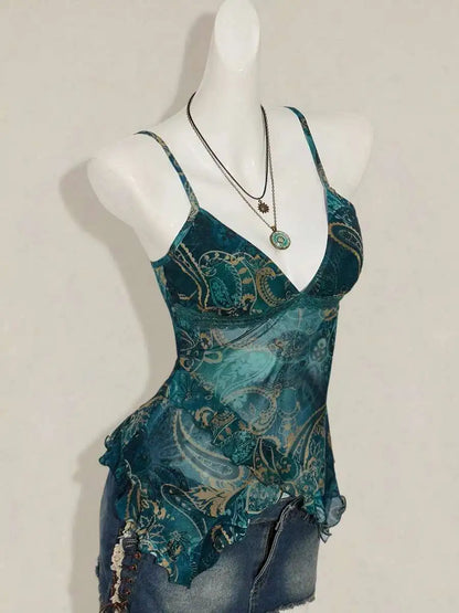 Fashionable Sexy Strap Vest Women's Slimming Print Mesh Top Versatile Stylish New Arrival Summer Season Other Material 100%