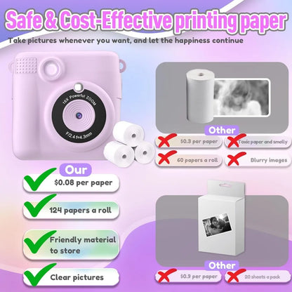 Instant Print Camera for Kids, HD Digital Video Cameras, Portable Toy for 4-10 Year Old Girls Boys with 32GB SD Card-Purple