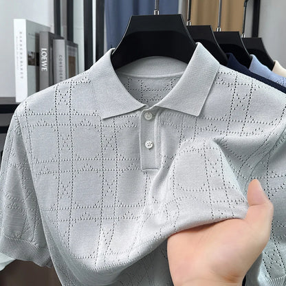 Summer Knitted Short-Sleeved Polo Shirt Lapel Button Argyle Pinhole Casual Breathable Old Money Style Solid Color Mens Clothing