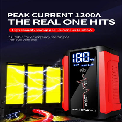 Car Battery Jump Starter 1200A Power Bank Portable USB Fast Charger with LED Lamp 12V Emergency Booster