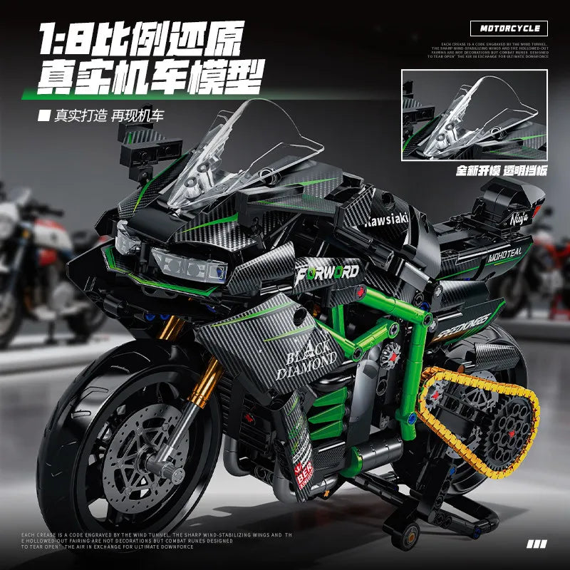 812PCS new H2R superbike 1:8 building block locomotive assembly machinery group children's toy boy birthday gift