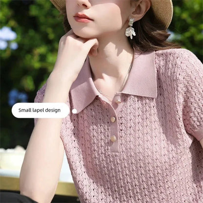 I BELIEVE YOU Short-Sleeved  Polo Collar Knit T-shirt 2026 Spring New Plaid Hollow-out Loose Gentle Tops for Women 2261146256
