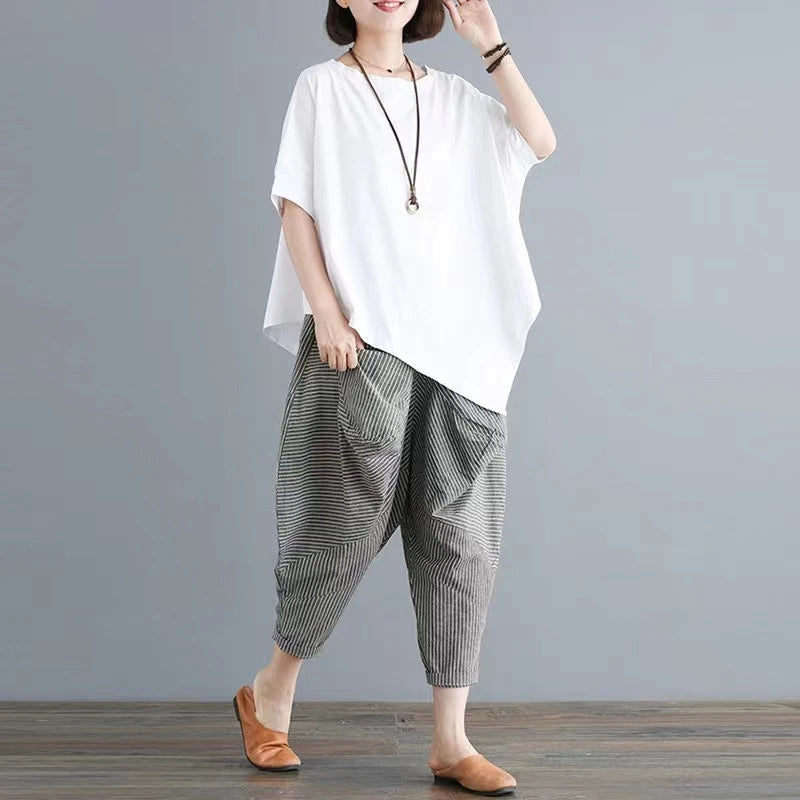 Cotton Blend Loose Fit Casual Women's T-irt And Harlan Pants Set Single Piece Summer Faion Ensemble for plus Size