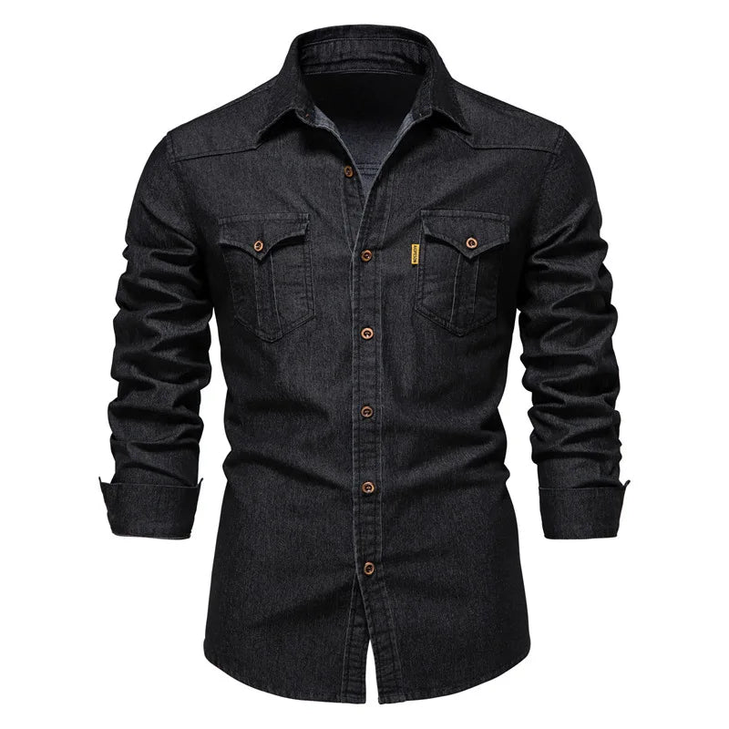 2025 Autumn Cotton Denim Shirts Men Casual Long Sleeve Quality Cowboy Shirt Solid Color Slim Fit Elastic Navy Blue Black Clothes