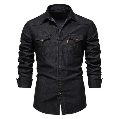 2025 Autumn Cotton Denim Shirts Men Casual Long Sleeve Quality Cowboy Shirt Solid Color Slim Fit Elastic Navy Blue Black Clothes