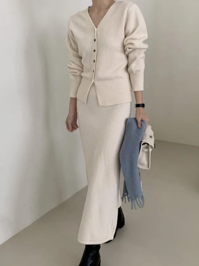 Autumn Winter V-Neck Single Button Knitted Cardigan Women's High Waist Wrap Body Skirt Korean Style Fashion Set High Quality