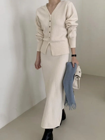 Autumn Winter V-Neck Single Button Knitted Cardigan Women's High Waist Wrap Body Skirt Korean Style Fashion Set High Quality
