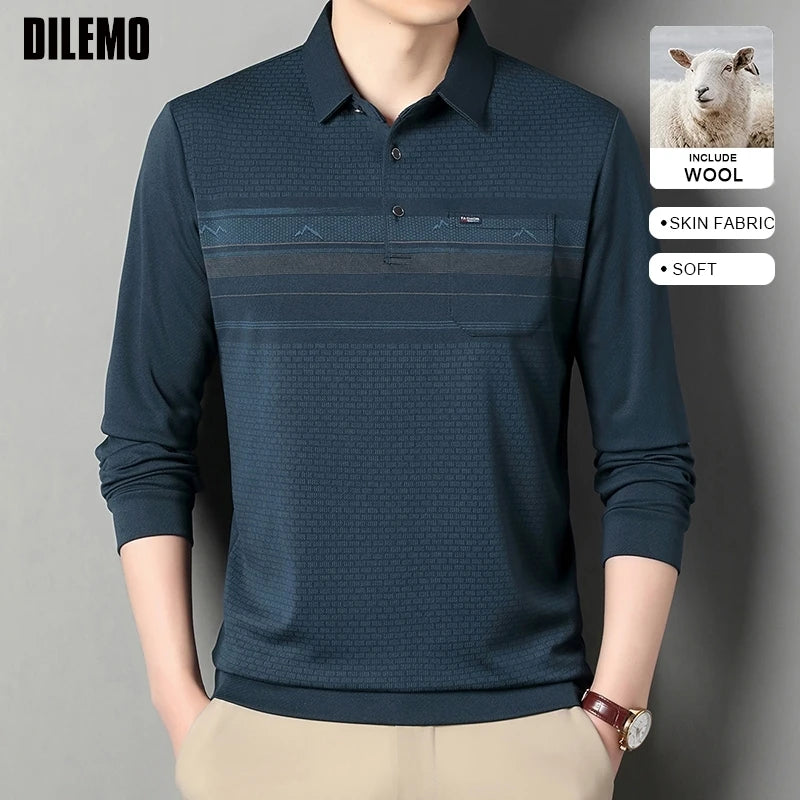Luxury Wool Blend Fabric Men's Long Sleeve Polo Soft Touch For Father Years Classic Business Staple With Utility Focus