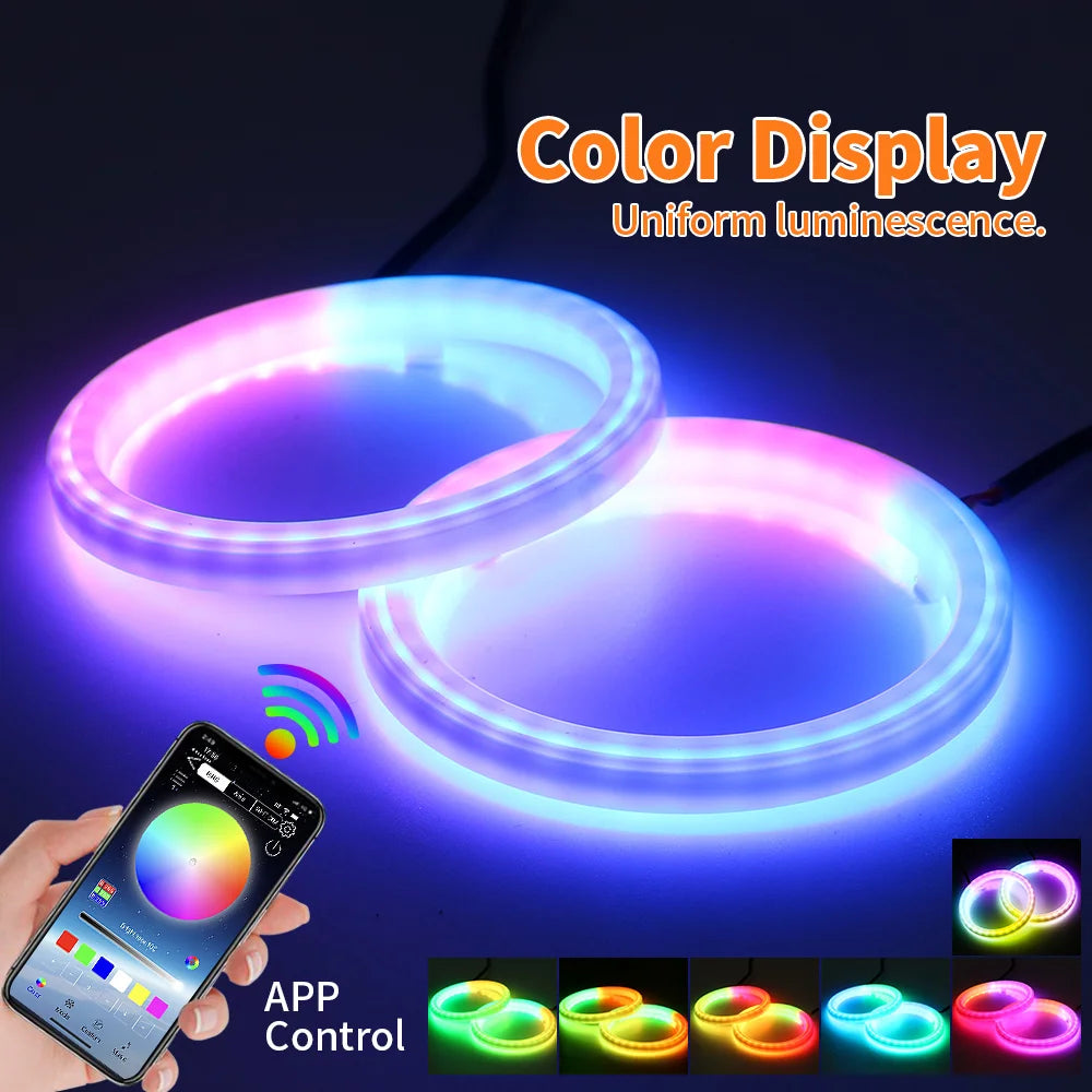 2PCS RGB Cotton LED Angel Eyes Halo Rings 60mm 70mm 80mm LED Headlight Lamps For Car UTV Motorcycle DRL Eyes APP Control 12V 24V