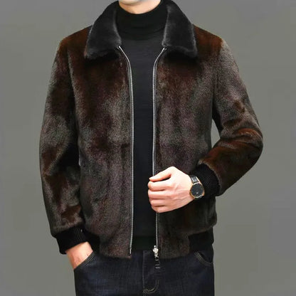 Men's Winter Thick Leather Jacket Mink Fur Coat Zipper Closure Full Skin Design Long Sleeve Regular Fit Outerwear