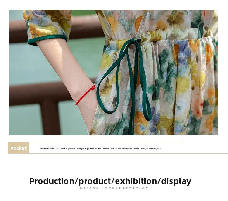 Women's Long Skirt Drawstring Waist Hemp Print A-Line Dress Korean Style Commute Flower Pattern V-Neck Summer Dress