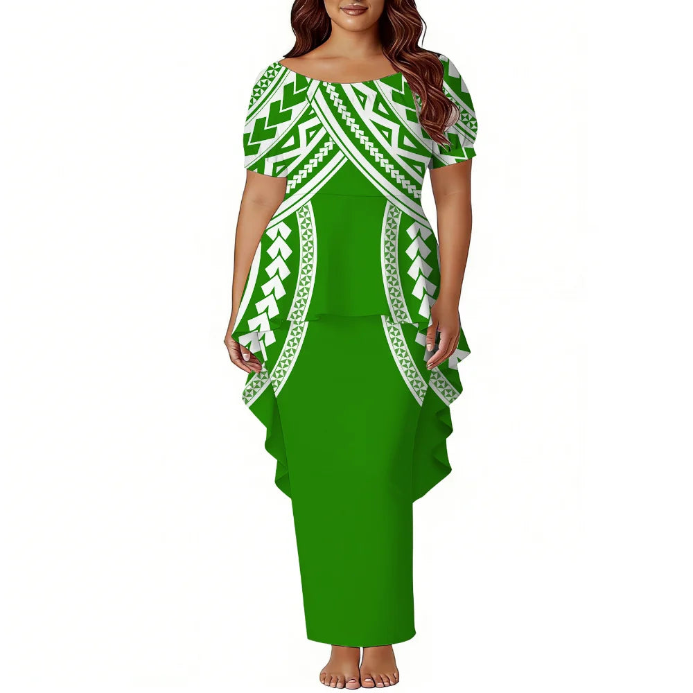 Polynesian Island-Style Women'S Short-Sleeved Puletasi Floral Print Dress Samoan Party Style Evening Dress