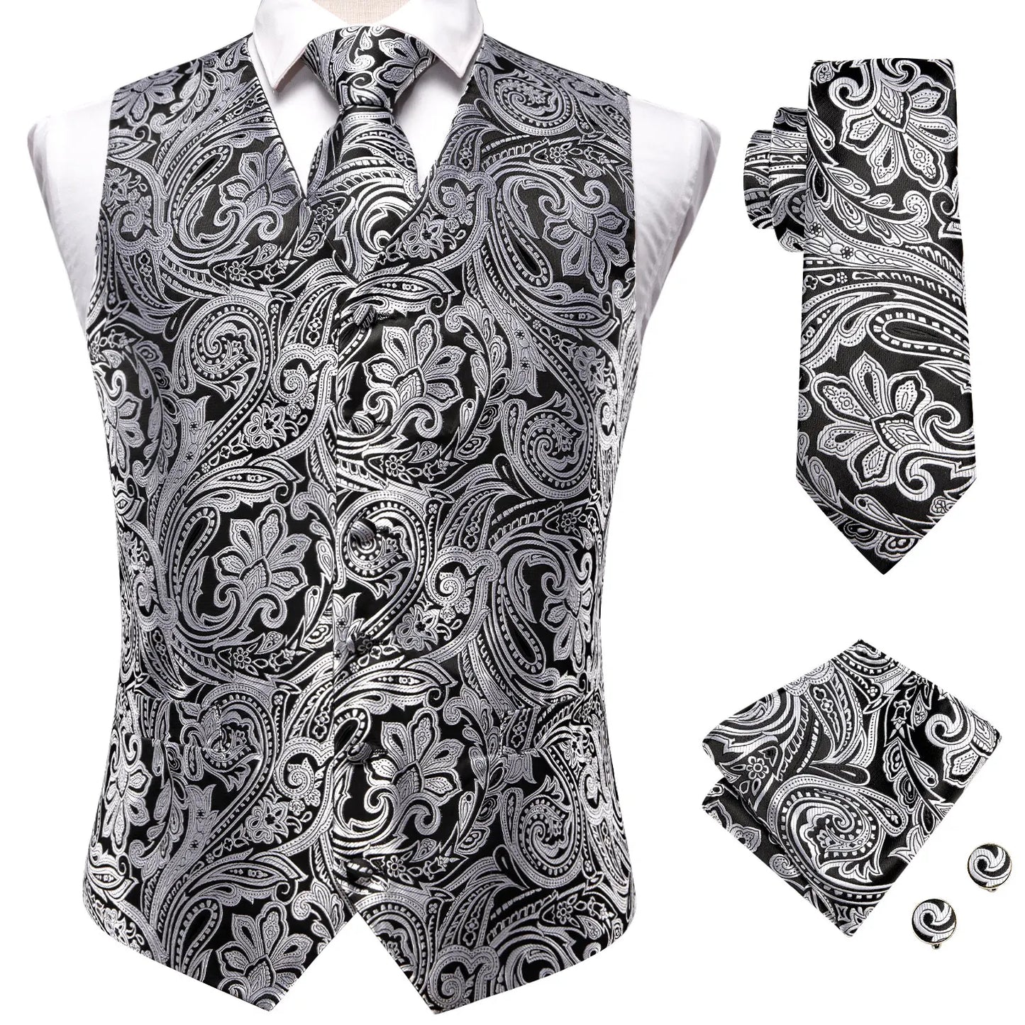 4Pcs Men Formal V-Neck Vest Kit Waistcoat Tie Handkerchief & Cufflinks for Occasions