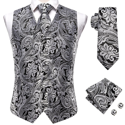 4Pcs Men Formal V-Neck Vest Kit Waistcoat Tie Handkerchief & Cufflinks for Occasions
